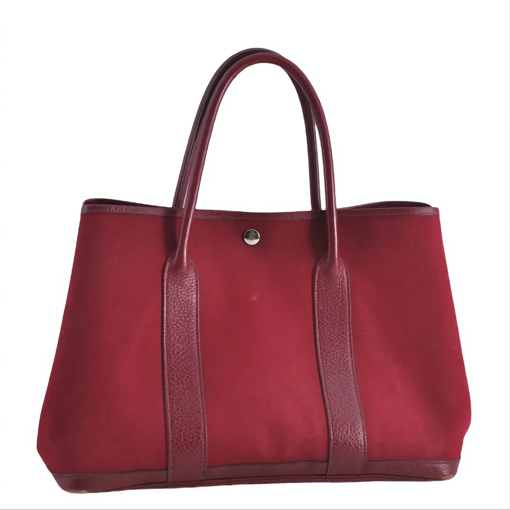 HERMES Garden Party MM Shoulder Tote Bag Canvas Leather Red